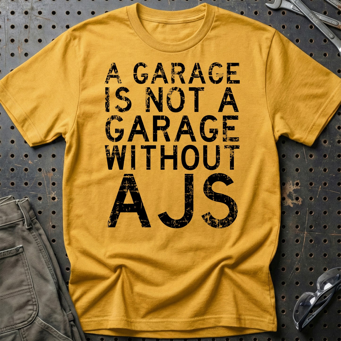 AJS - A Garage Is Not A Garage Without AJS - Unisex T-Shirt , Bomuld-Beklædning-AJS-Guld-S-Garage Culture Shop- garage - man cave - merchandise