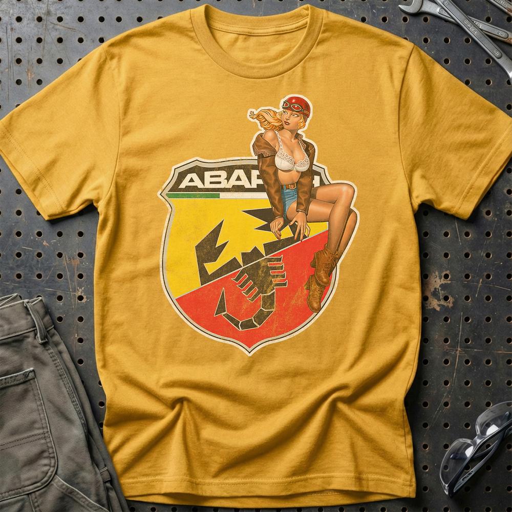 Abarth Pinup - Unisex T-Shirt , Bomuld-Beklædning-Abarth-Guld-S-Garage Culture Shop- garage - man cave - merchandise