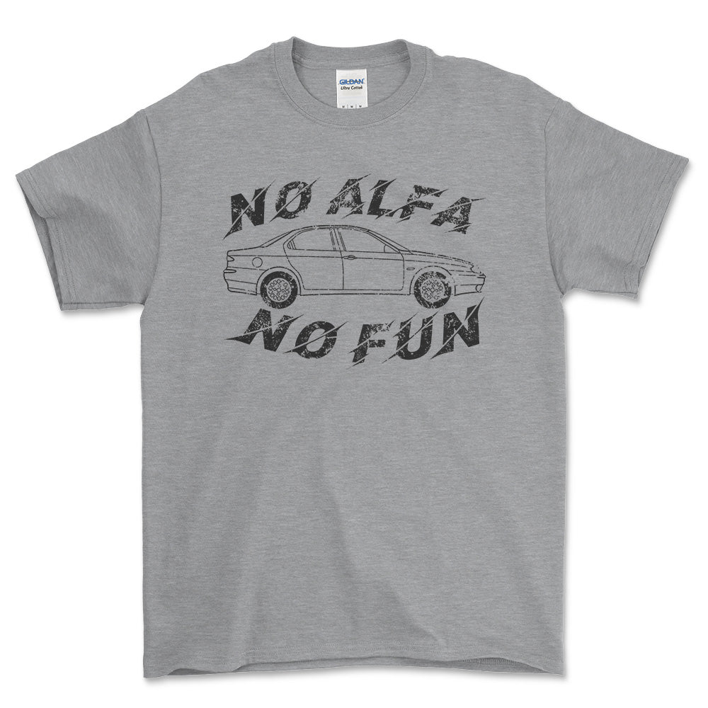 Alfa Romeo 156 No Alfa No Fun Unisex T-Shirt , Bomuld-Beklædning-Alfa Romeo-Grå Sport-S-Forside-Garage Culture Shop- garage - man cave - merchandise