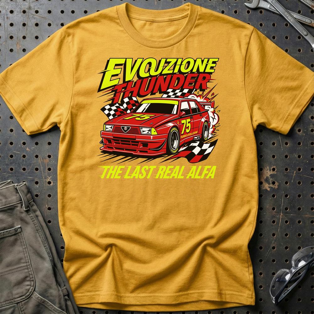 Alfa Romeo 75 Evozione Thunder The Last Real Alfa - Unisex T-Shirt-Beklædning-Alfa Romeo-Guld-S-Garage Culture Shop- garage - man cave - merchandise