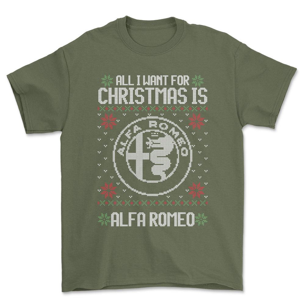 Alfa Romeo - All I Want For Christmas - Unisex T-Shirt , Bomuld-Beklædning-Alfa Romeo-Grøn Militær-S-Forside-Garage Culture Shop- garage - man cave - merchandise