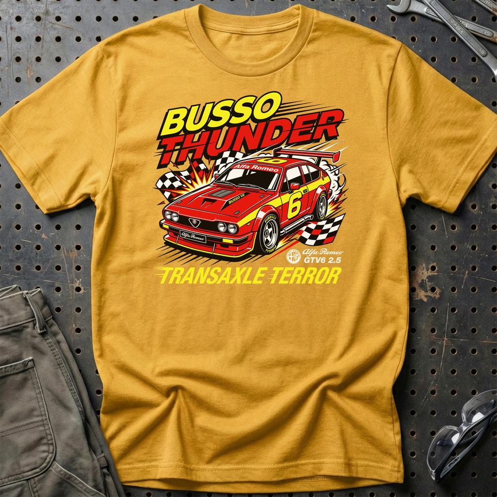 Alfa Romeo GTV6 2.5 Busso Thunder Transaxle Terror - Unisex T-Shirt-Beklædning-Alfa Romeo-Guld-S-Garage Culture Shop- garage - man cave - merchandise