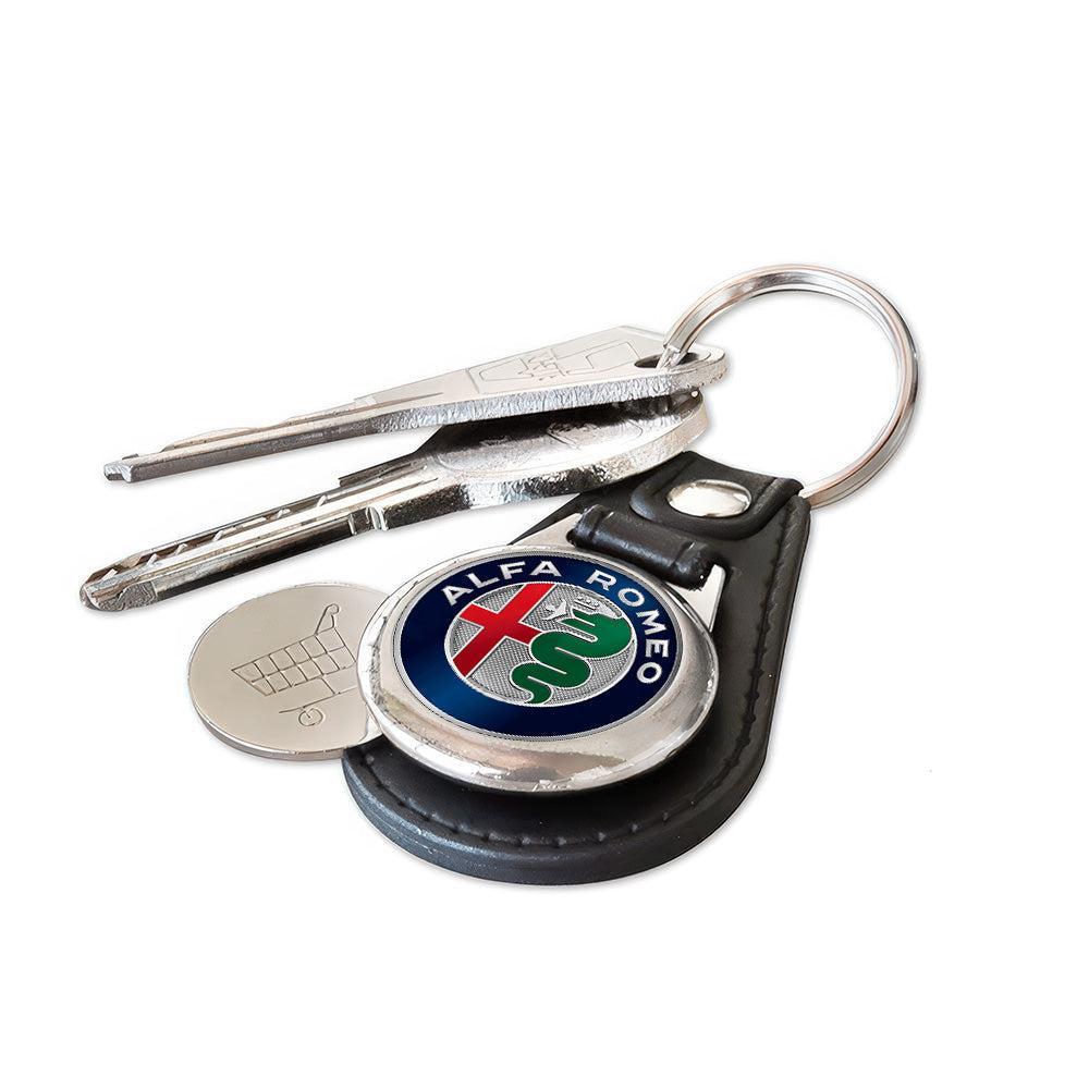 Alfa Romeo - Nøglering med Indkøbsvognsmønt – Metal & Kunstlæder-Nøglering-Alfa Romeo-Garage Culture Shop- garage - man cave - merchandise
