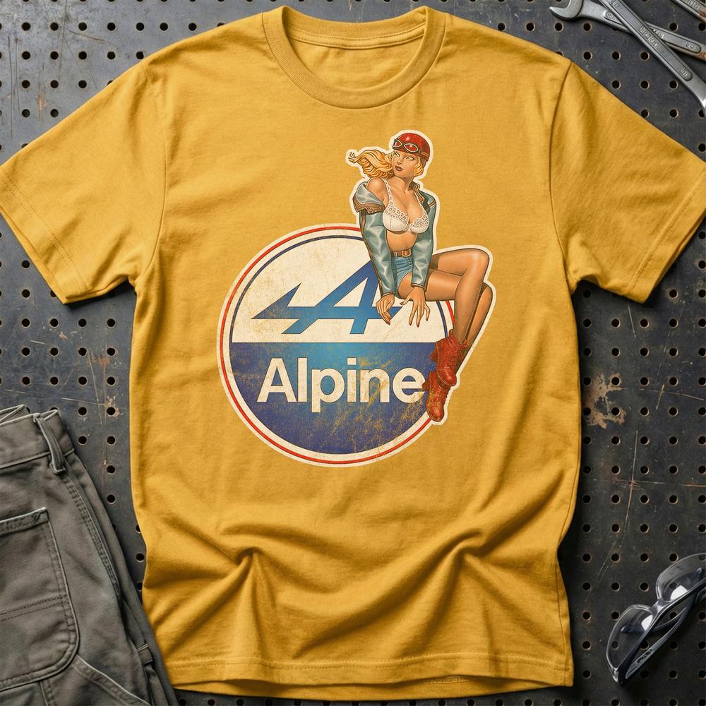 Alpine Pinup - Unisex T-Shirt , Bomuld-Beklædning-Alpine-Guld-S-Garage Culture Shop- garage - man cave - merchandise