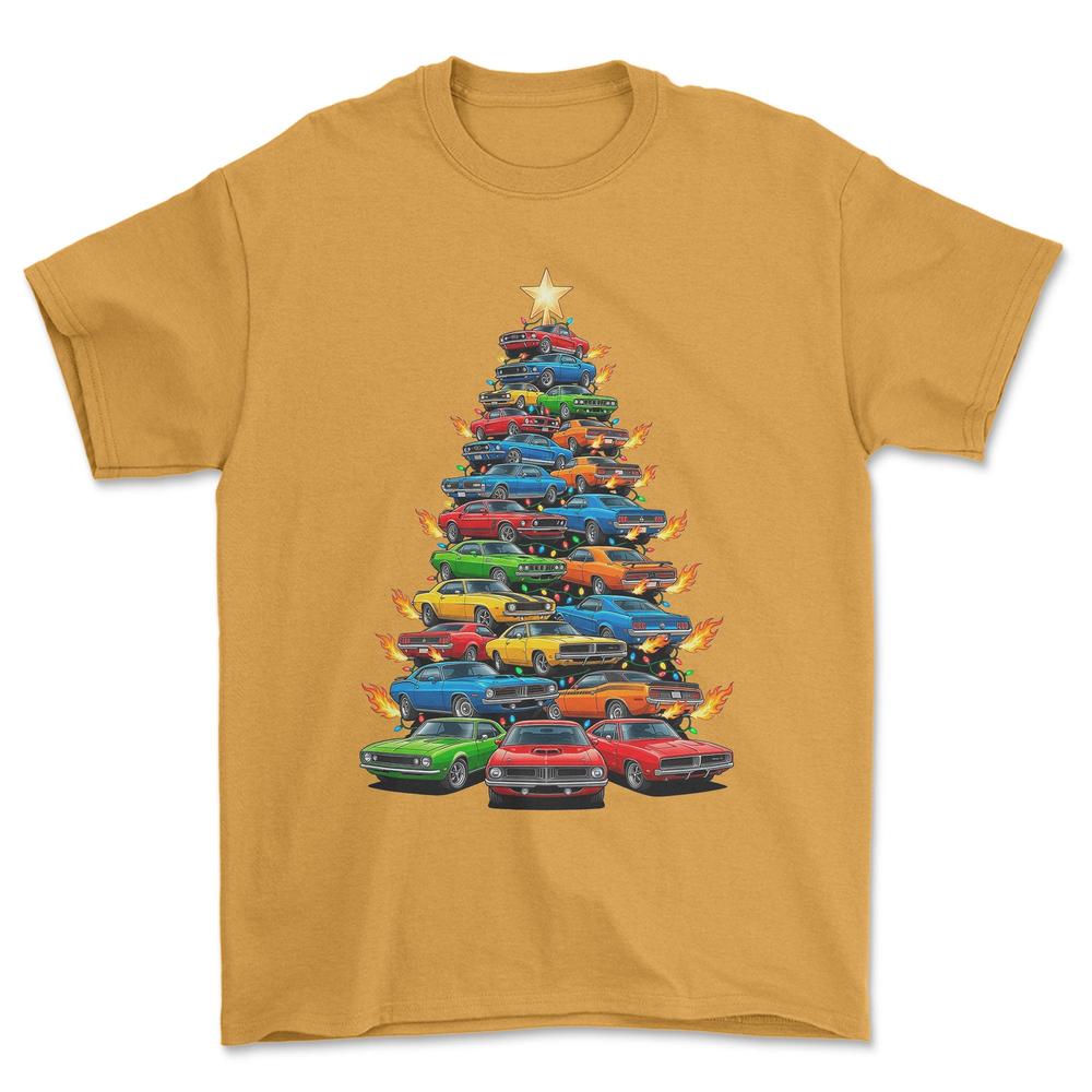 American Muscle Juletræ Christmas Tree - Unisex T-Shirt-Beklædning-Muscle Car-Guld-S-Forside-Garage Culture Shop- garage - man cave - merchandise