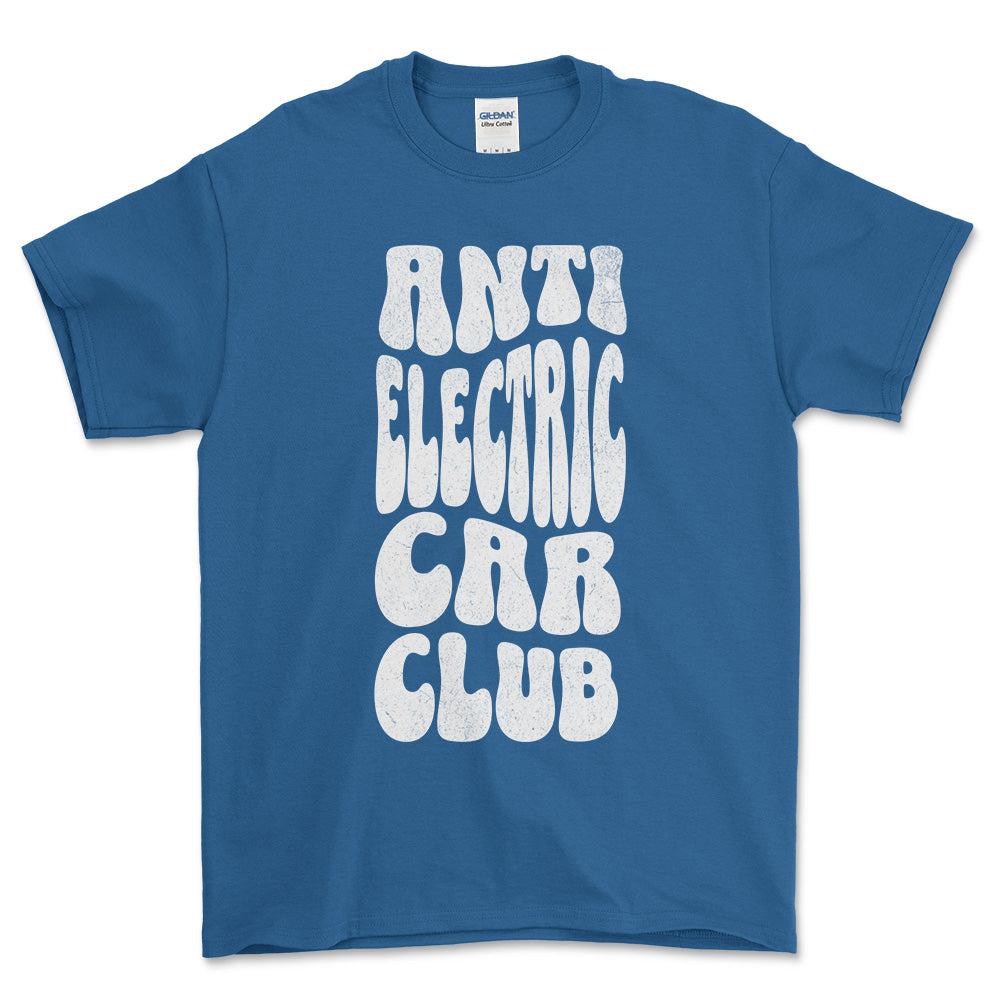 Anti Electric Car Club - Unisex T-Shirt , Bomuld-Beklædning-Garage Culture-Blå Royal-S-Forside-Garage Culture Shop- garage - man cave - merchandise