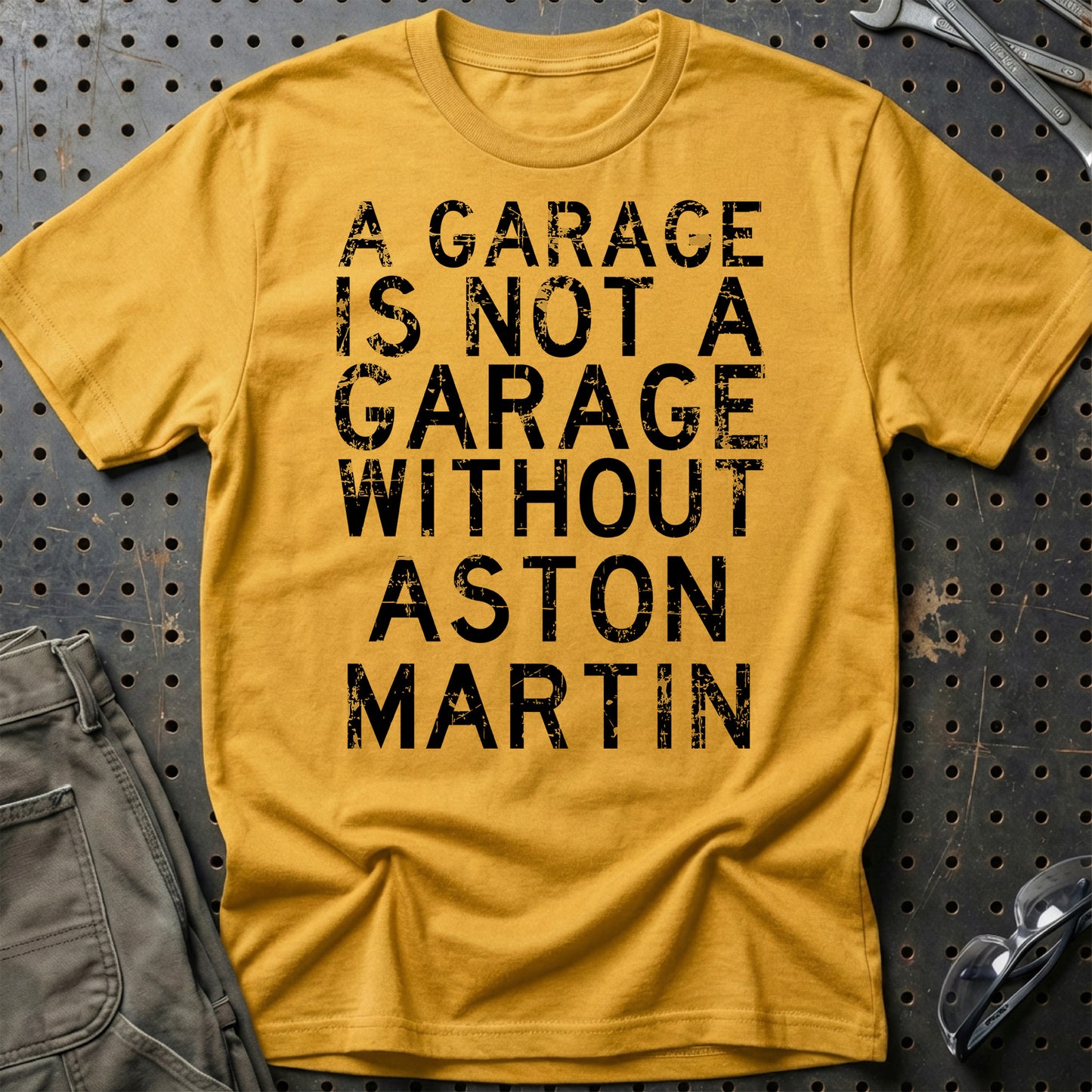 Aston Martin - A Garage Is Not A Garage Without Aston Martin - Unisex T-Shirt , Bomuld-Beklædning-Aston Martin-Guld-S-Garage Culture Shop- garage - man cave - merchandise