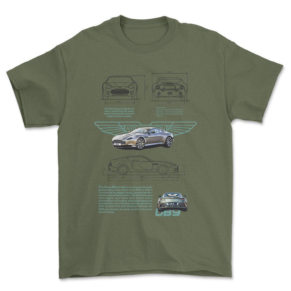 Aston Martin DB9 - Unisex T-Shirt , Bomuld-Beklædning-Aston Martin-Grøn Militær-S-Forside-Garage Culture Shop- garage - man cave - merchandise