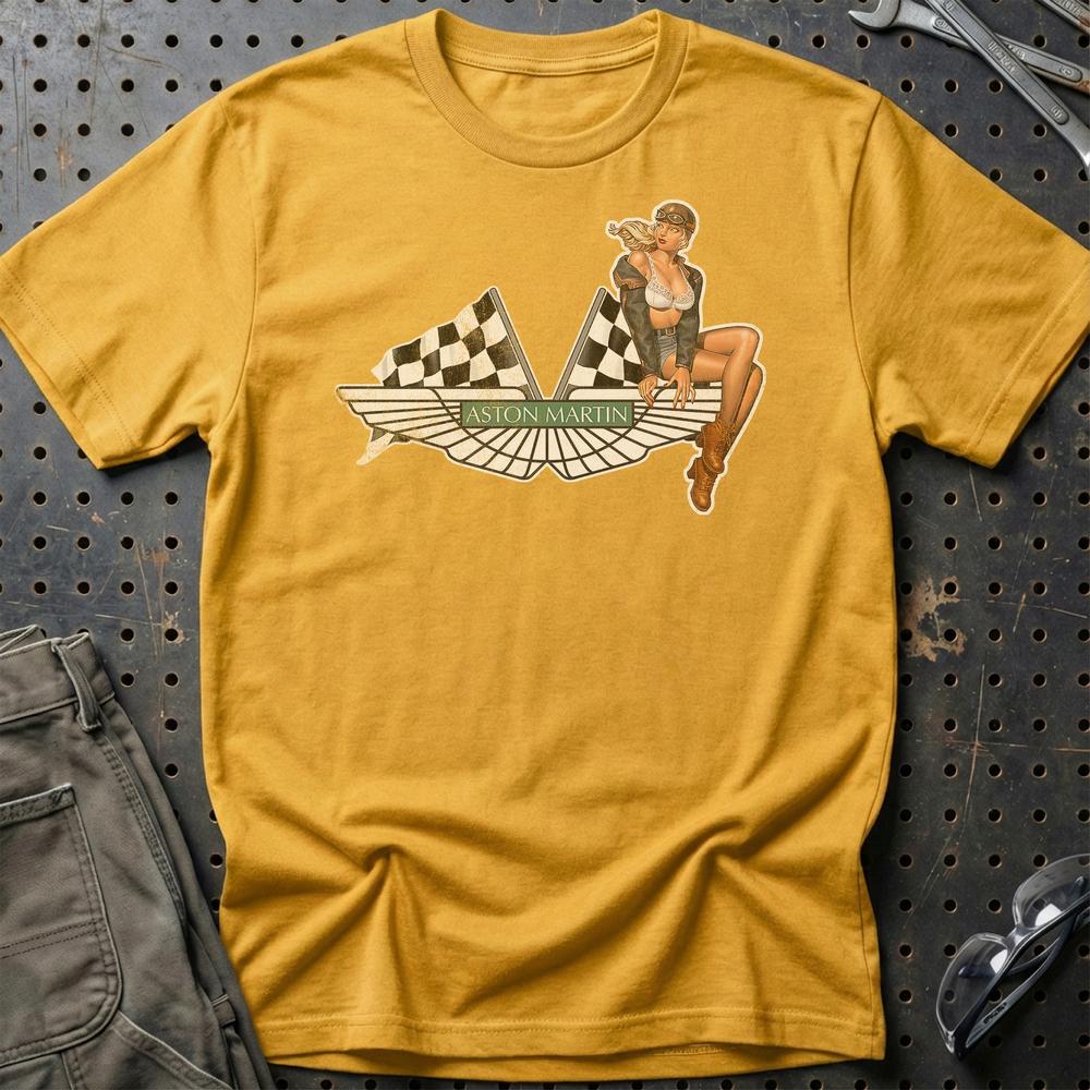 Aston Martin Pinup - Unisex T-Shirt , Bomuld-Beklædning-Aston Martin-Guld-S-Garage Culture Shop- garage - man cave - merchandise
