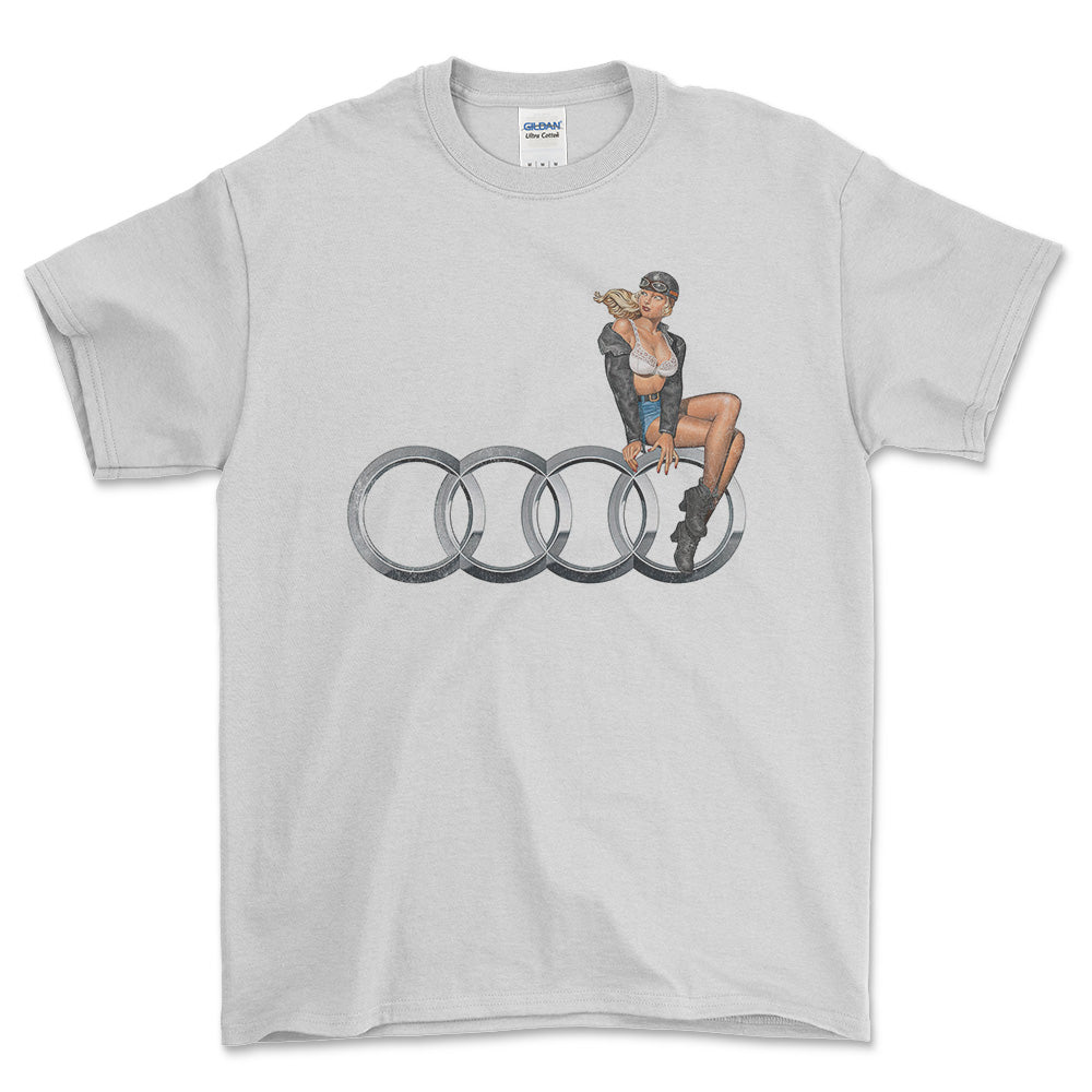 Audi Pinup - Unisex T-Shirt , Bomuld-Beklædning-Audi-Hvid-S-Forside-Garage Culture Shop- garage - man cave - merchandise