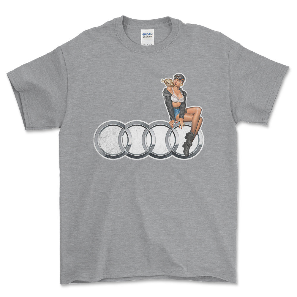 Audi Pinup - Unisex T-Shirt , Bomuld-Beklædning-Audi-Grå Sport-S-Forside-Garage Culture Shop- garage - man cave - merchandise