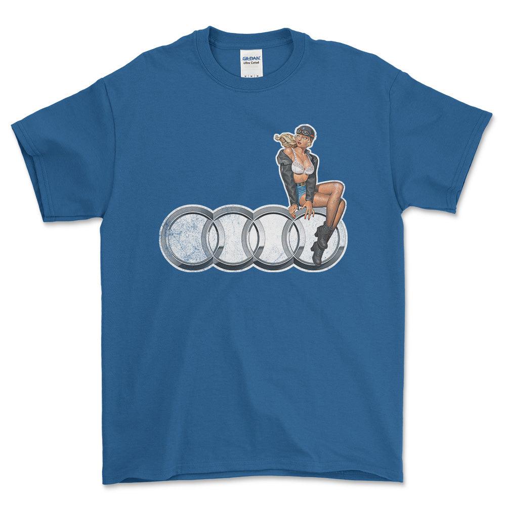 Audi Pinup - Unisex T-Shirt , Bomuld-Beklædning-Audi-Blå Royal-S-Forside-Garage Culture Shop- garage - man cave - merchandise