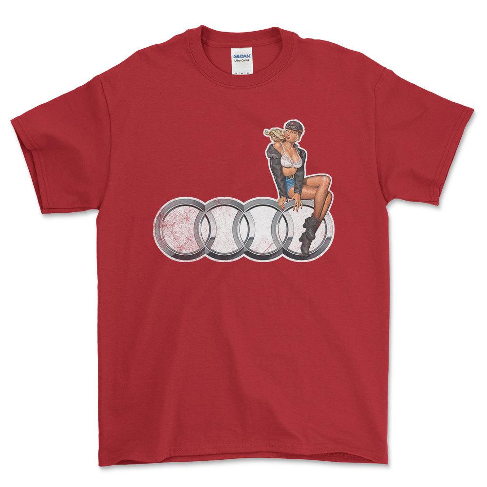 Audi Pinup - Unisex T-Shirt , Bomuld-Beklædning-Audi-Rød-S-Forside-Garage Culture Shop- garage - man cave - merchandise