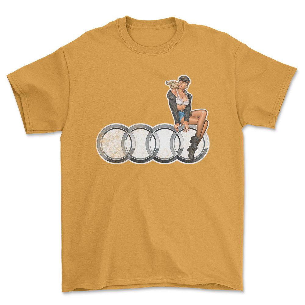 Audi Pinup - Unisex T-Shirt , Bomuld-Beklædning-Audi-Guld-S-Forside-Garage Culture Shop- garage - man cave - merchandise