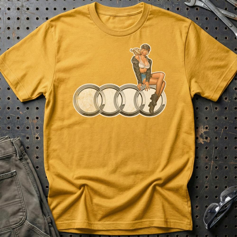 Audi Pinup - Unisex T-Shirt , Bomuld-Beklædning-Audi-Guld-S-Garage Culture Shop- garage - man cave - merchandise