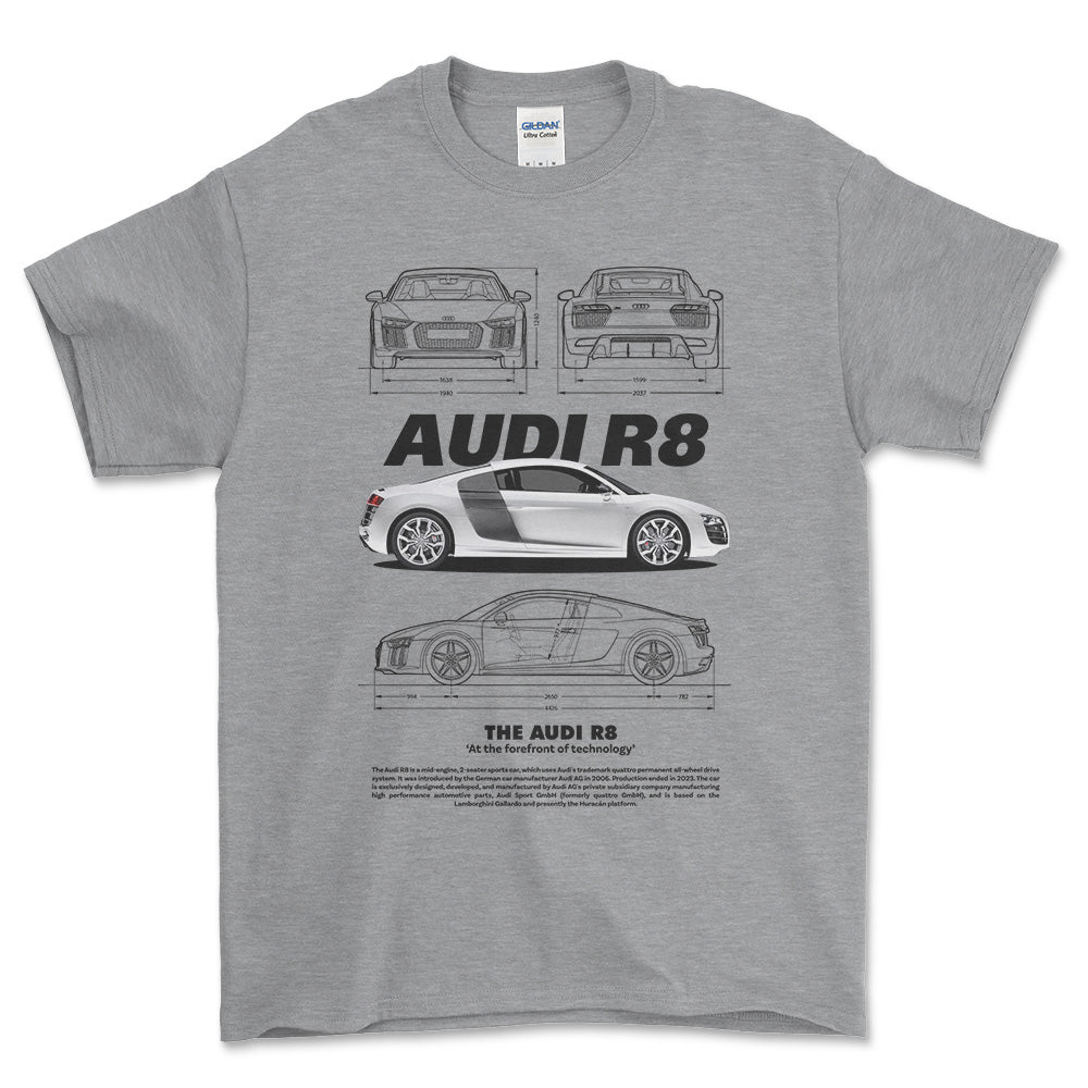 Audi R8 - Unisex T-Shirt , Bomuld-Beklædning-Audi-Grå Sport-S-Forside-Garage Culture Shop- garage - man cave - merchandise