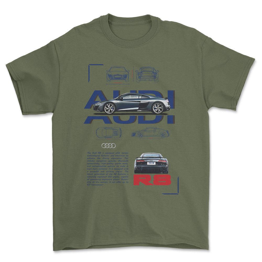Audi R8 - Unisex T-Shirt , Bomuld-Beklædning-Audi-Grøn Militær-S-Forside-Garage Culture Shop- garage - man cave - merchandise