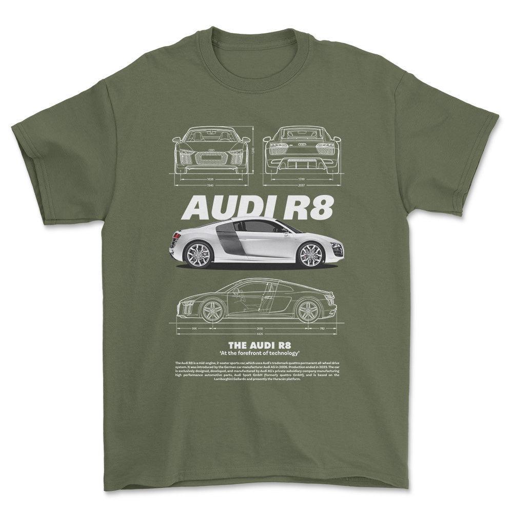 Audi R8 - Unisex T-Shirt , Bomuld-Beklædning-Audi-Grøn Militær-S-Forside-Garage Culture Shop- garage - man cave - merchandise
