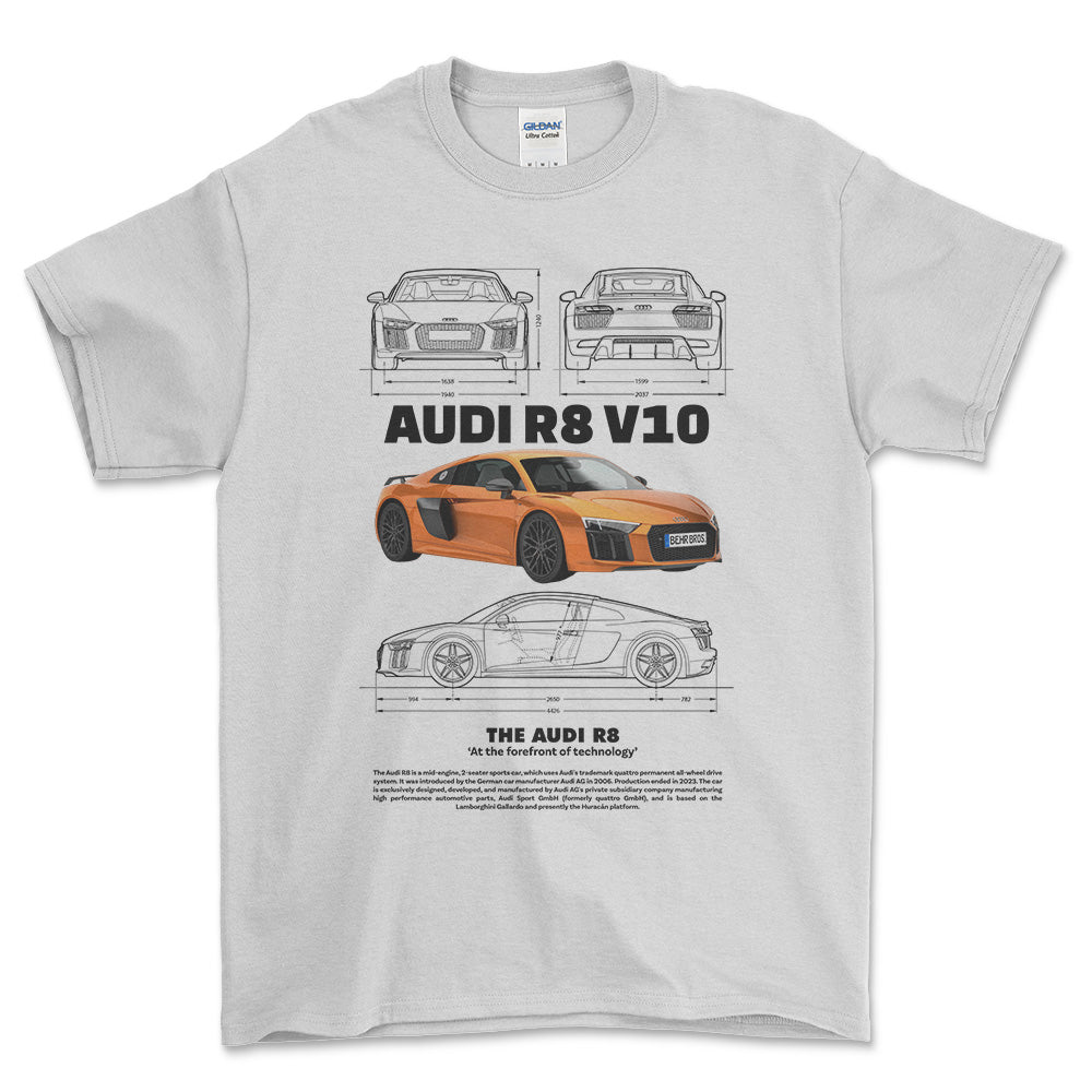 Audi R8 V10 - Unisex T-Shirt , Bomuld-Beklædning-Audi-Hvid-S-Forside-Garage Culture Shop- garage - man cave - merchandise