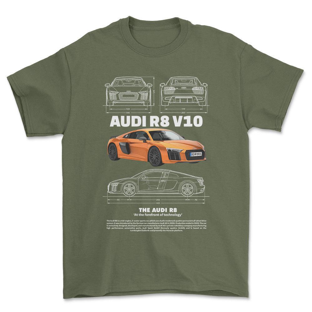 Audi R8 V10 - Unisex T-Shirt , Bomuld-Beklædning-Audi-Grøn Militær-S-Forside-Garage Culture Shop- garage - man cave - merchandise