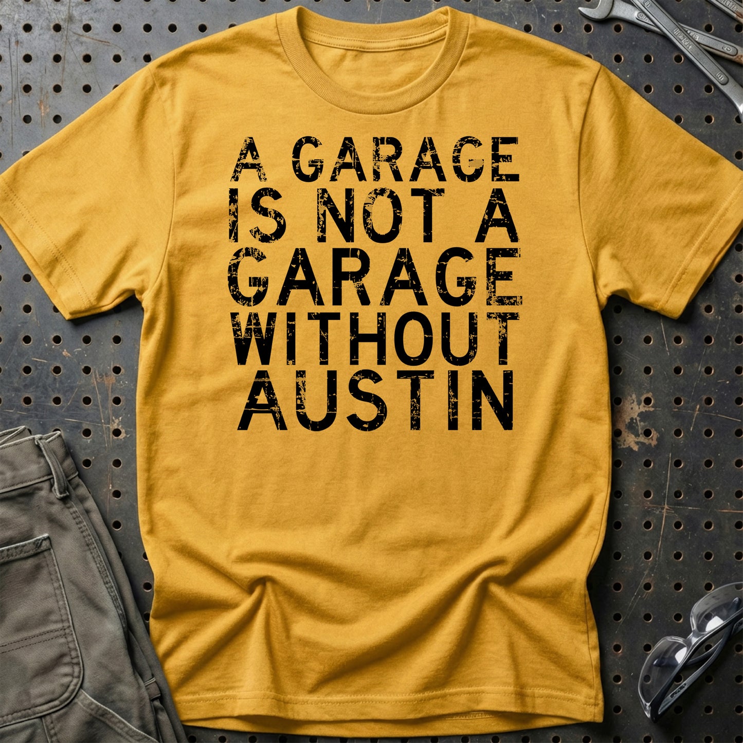 Austin - A Garage Is Not A Garage Without Austin - Unisex T-Shirt , Bomuld-Beklædning-Austin-Guld-S-Garage Culture Shop- garage - man cave - merchandise