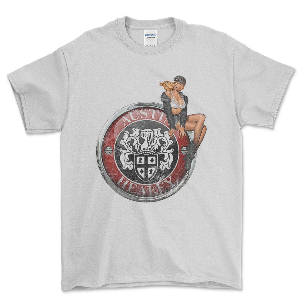 Austin Healey Pinup - Unisex T-Shirt , Bomuld-Beklædning-Austin Healey-Hvid-S-Forside-Garage Culture Shop- garage - man cave - merchandise
