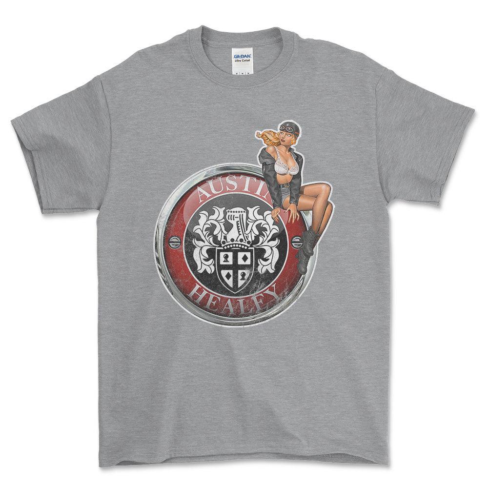 Austin Healey Pinup - Unisex T-Shirt , Bomuld-Beklædning-Austin Healey-Grå Sport-S-Forside-Garage Culture Shop- garage - man cave - merchandise