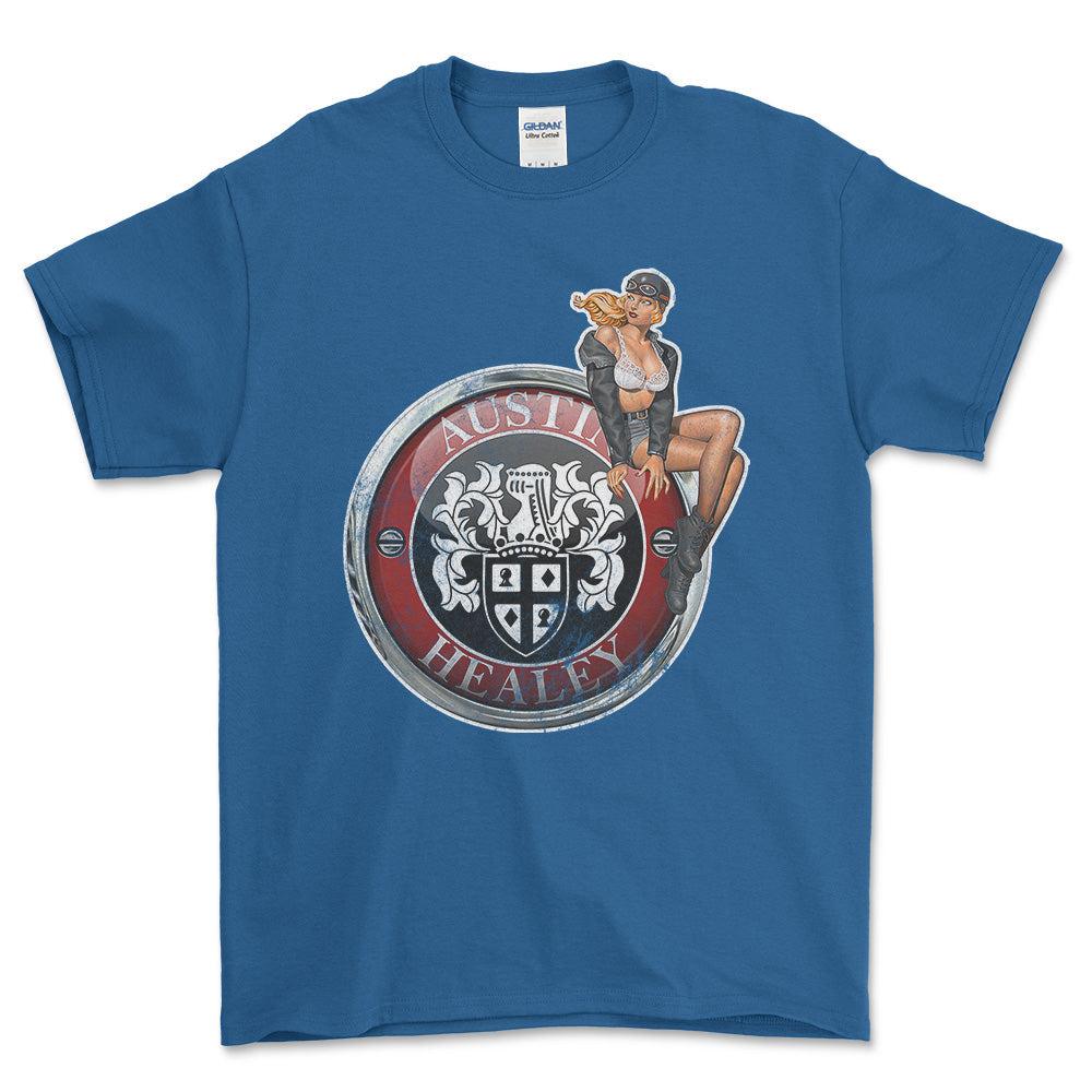 Austin Healey Pinup - Unisex T-Shirt , Bomuld-Beklædning-Austin Healey-Blå Royal-S-Forside-Garage Culture Shop- garage - man cave - merchandise
