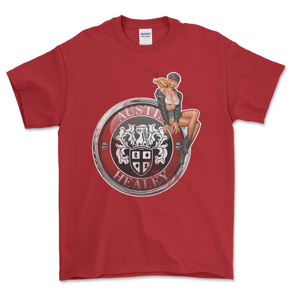 Austin Healey Pinup - Unisex T-Shirt , Bomuld-Beklædning-Austin Healey-Rød-S-Forside-Garage Culture Shop- garage - man cave - merchandise