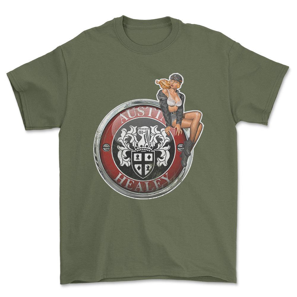 Austin Healey Pinup - Unisex T-Shirt , Bomuld-Beklædning-Austin Healey-Grøn Militær-S-Forside-Garage Culture Shop- garage - man cave - merchandise