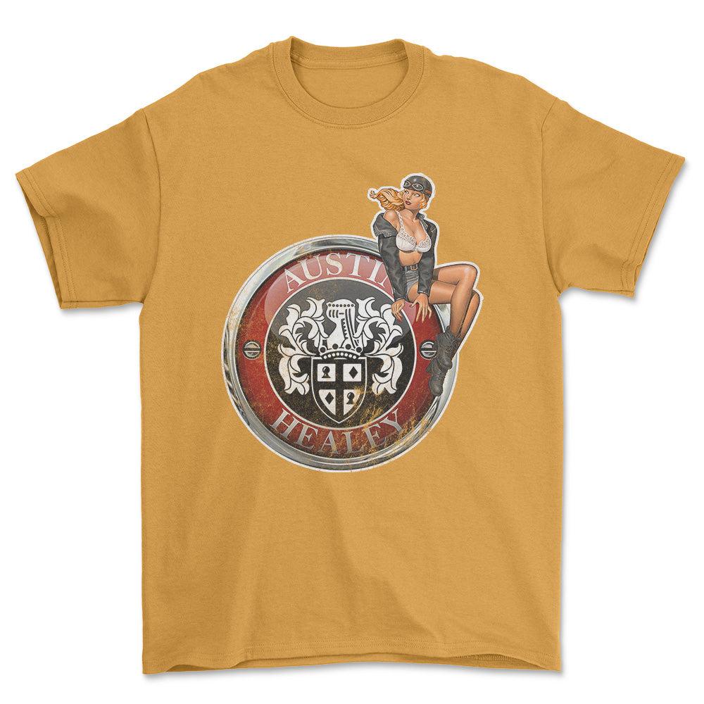 Austin Healey Pinup - Unisex T-Shirt , Bomuld-Beklædning-Austin Healey-Guld-S-Forside-Garage Culture Shop- garage - man cave - merchandise
