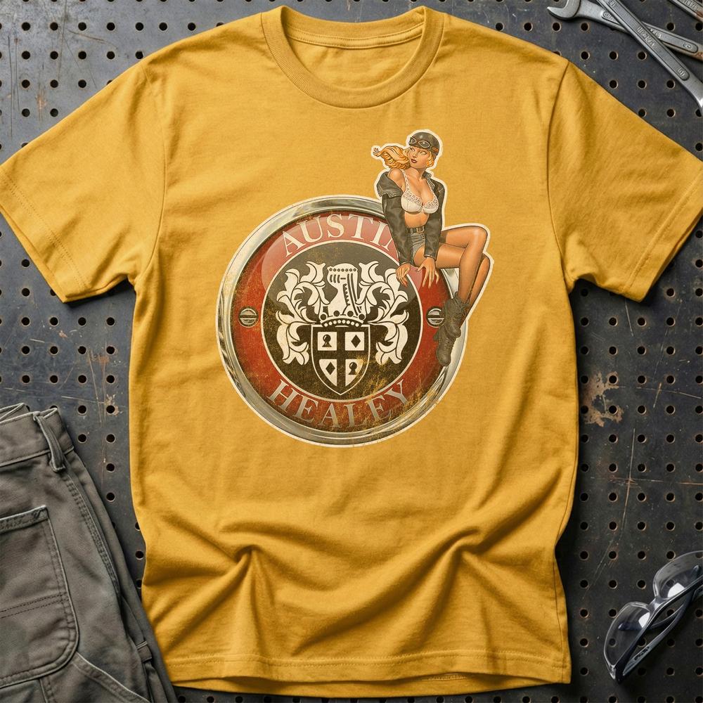 Austin Healey Pinup - Unisex T-Shirt , Bomuld-Beklædning-Austin Healey-Guld-S-Garage Culture Shop- garage - man cave - merchandise