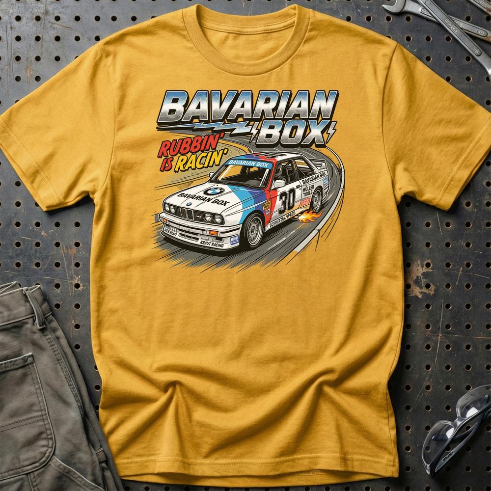 BMW Bavarian Box Racing T-Shirt – E30 Klassiker - Unisex T-Shirt-Beklædning-BMW-Guld-S-Garage Culture Shop- garage - man cave - merchandise