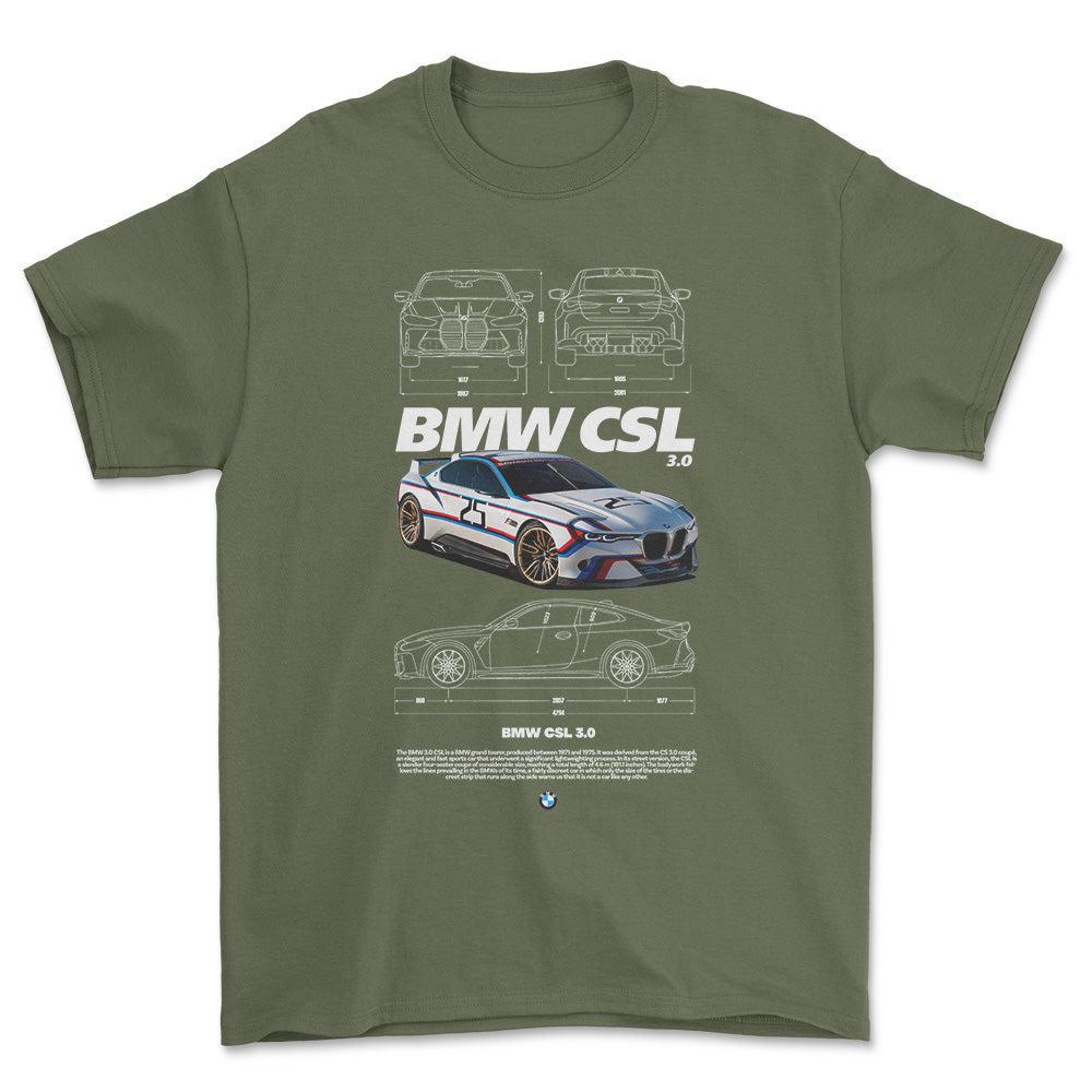 BMW CSL - Unisex T-Shirt , Bomuld-Beklædning-BMW-Grøn Militær-S-Forside-Garage Culture Shop- garage - man cave - merchandise