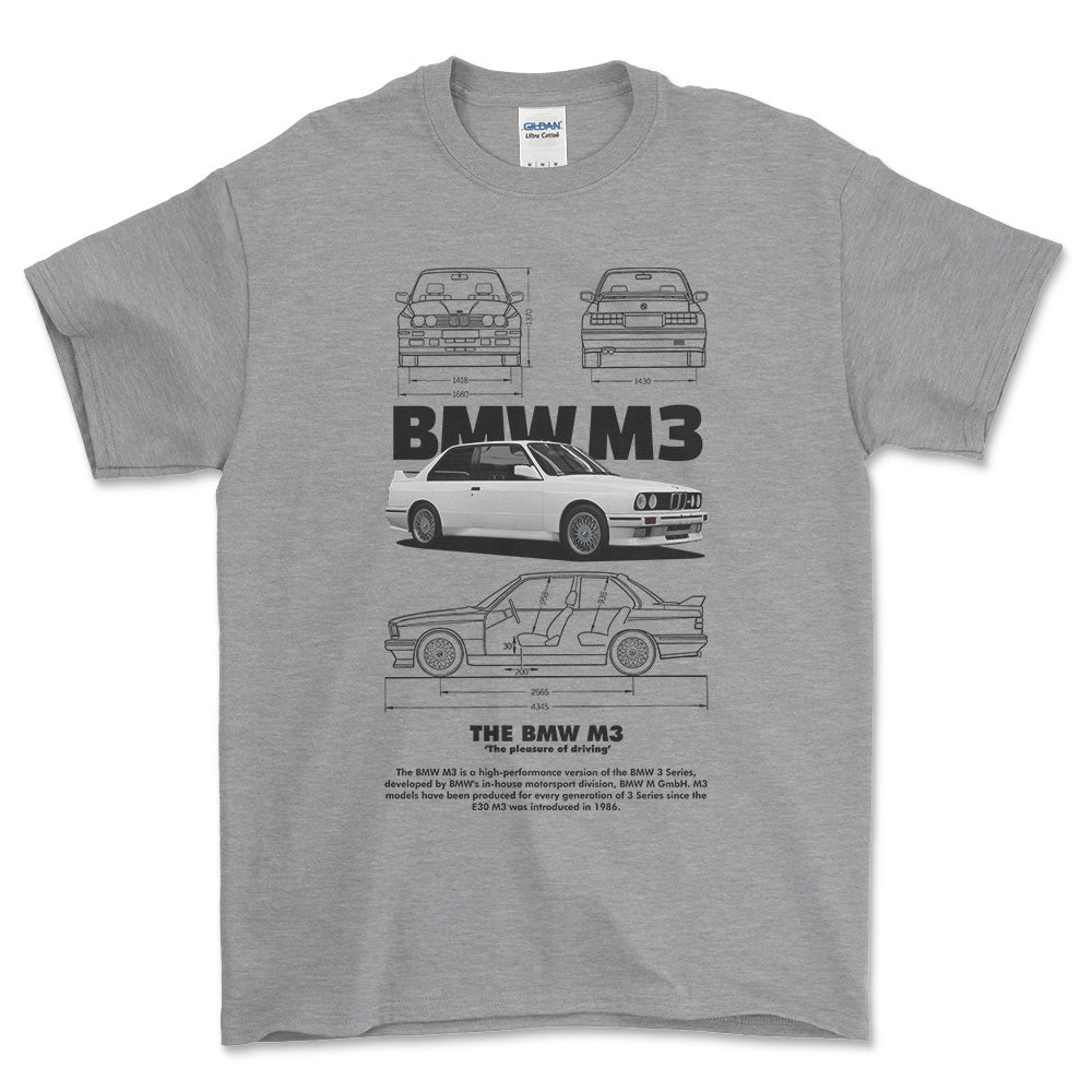 BMW E30 - Unisex T-Shirt , Bomuld-Beklædning-BMW-Grå Sport-S-Forside-Garage Culture Shop- garage - man cave - merchandise