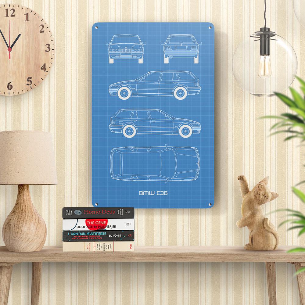 BMW E36 Touring Blueprint Skilte, Musemåtte, Dørmåtte-Blueprint-BMW-Garage Culture Shop- garage - man cave - merchandise