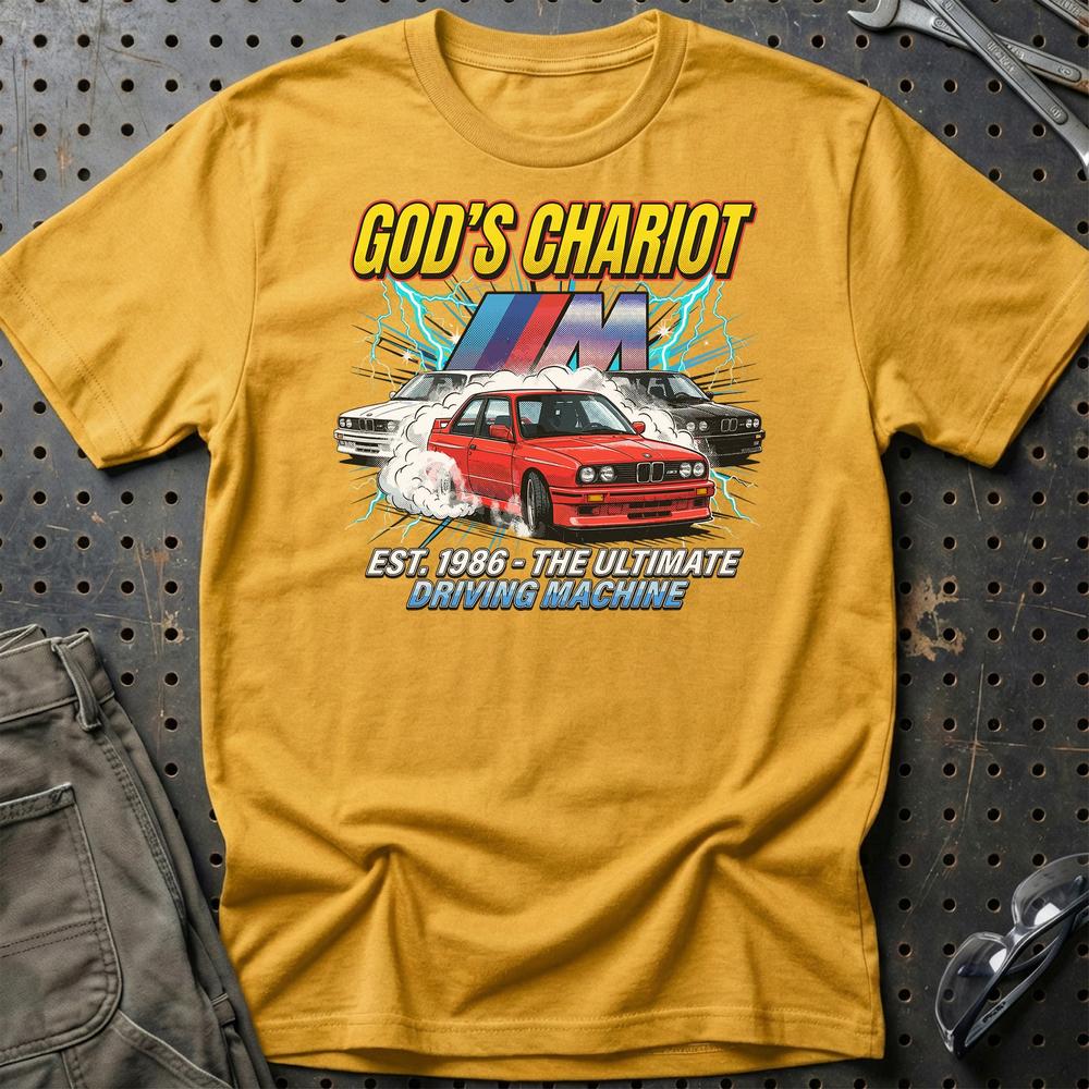 BMW M3 E30 God’s Chariot 1986 Driving Machine - Unisex T-Shirt-Beklædning-BMW-Guld-S-Garage Culture Shop- garage - man cave - merchandise