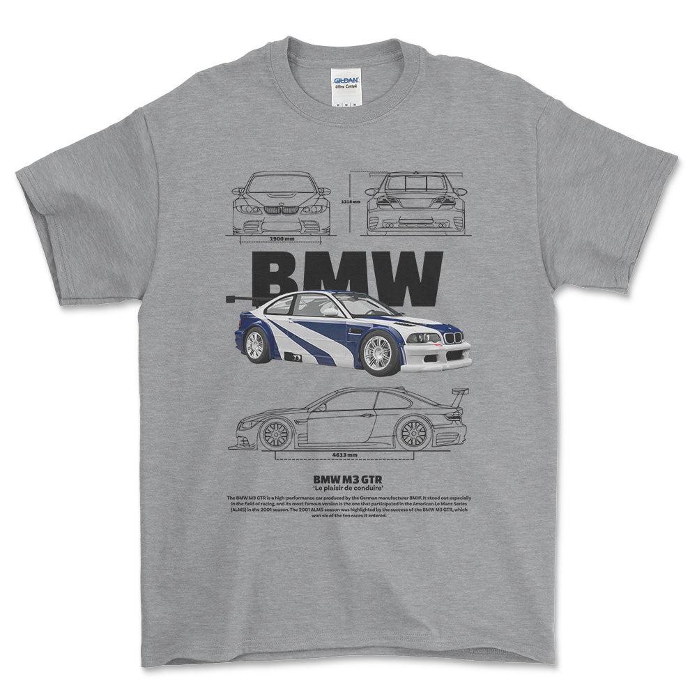 BMW M3 GTR - Unisex T-Shirt , Bomuld-Beklædning-BMW-Grå Sport-S-Forside-Garage Culture Shop- garage - man cave - merchandise