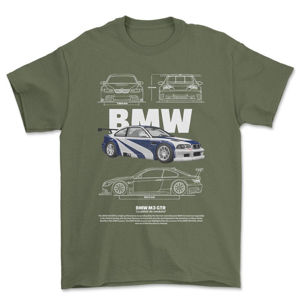 BMW M3 GTR - Unisex T-Shirt , Bomuld-Beklædning-BMW-Grøn Militær-S-Forside-Garage Culture Shop- garage - man cave - merchandise
