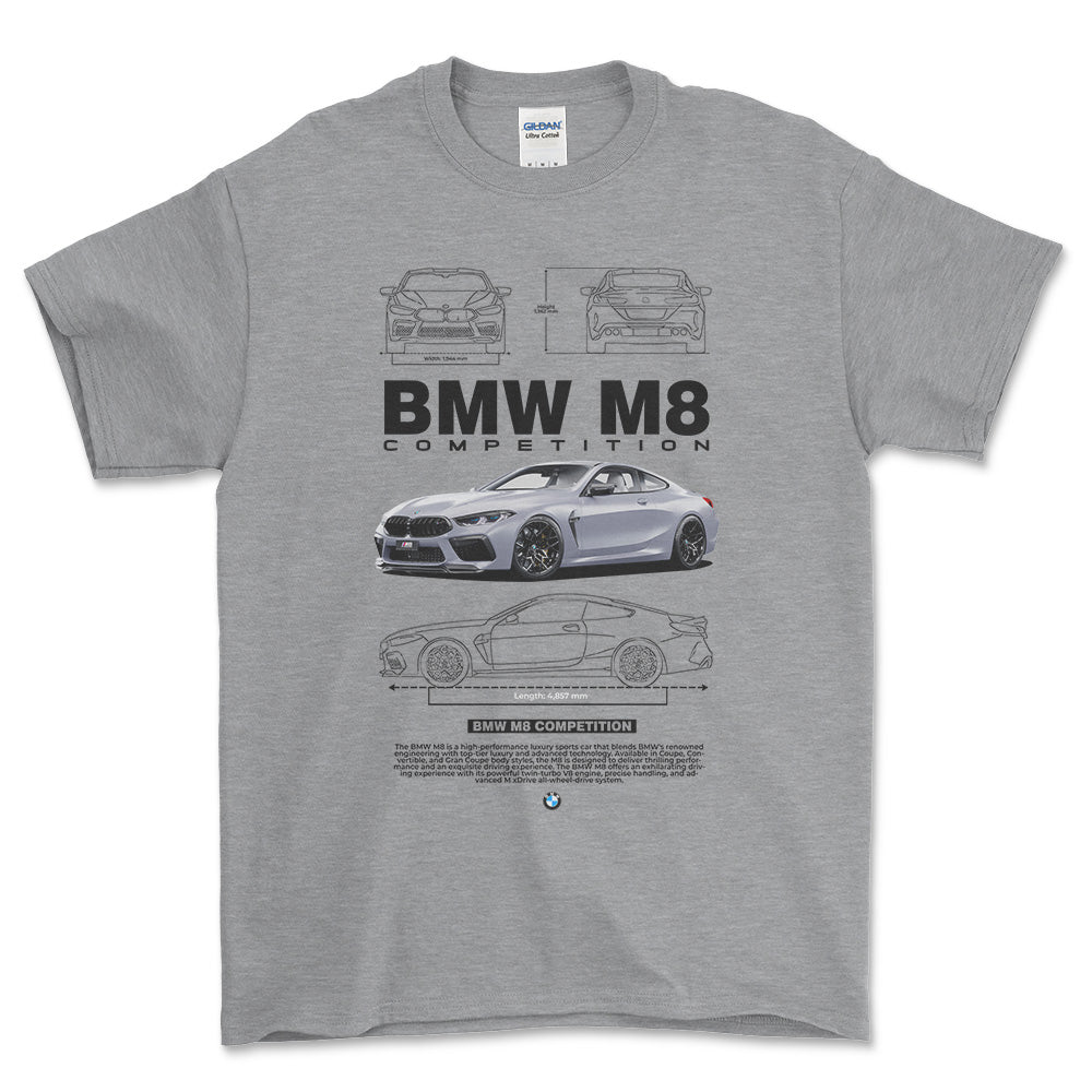 BMW M8 - Unisex T-Shirt , Bomuld-Beklædning-BMW-Grå Sport-S-Forside-Garage Culture Shop- garage - man cave - merchandise