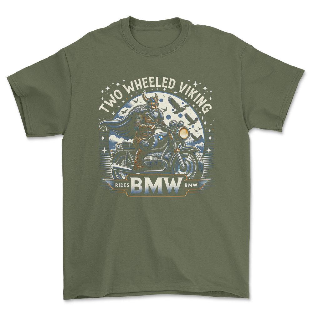 BMW Two Wheeled Viking Rides BMW - Unisex T-Shirt , Bomuld-Beklædning-Kawasaki-Grøn Militær-S-Forside-Garage Culture Shop- garage - man cave - merchandise