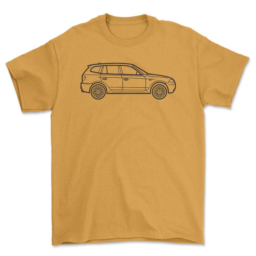 BMW X3 2003 Outline - Unisex T-Shirt , Bomuld-Beklædning-BMW-Guld-S-Forside-Garage Culture Shop- garage - man cave - merchandise