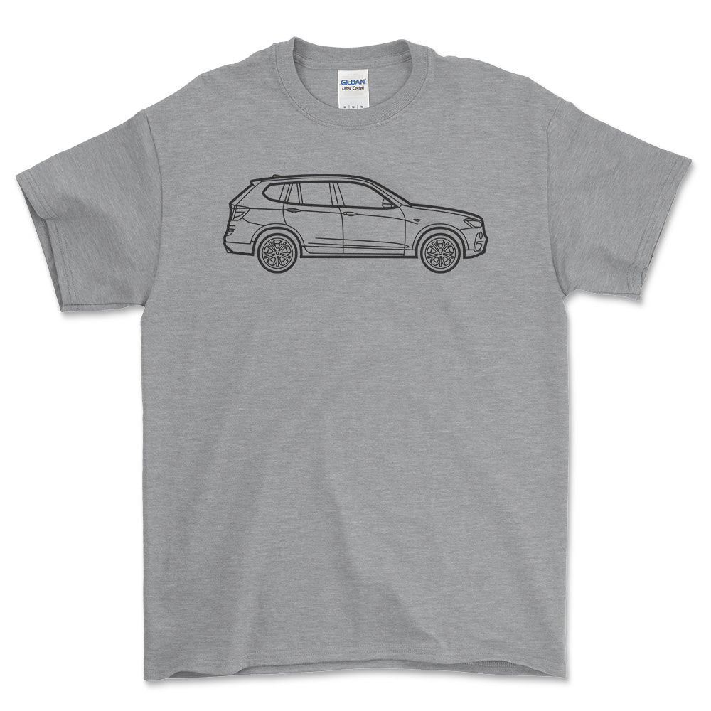 BMW X3 2010 Outline - Unisex T-Shirt , Bomuld-Beklædning-BMW-Grå Sport-S-Forside-Garage Culture Shop- garage - man cave - merchandise