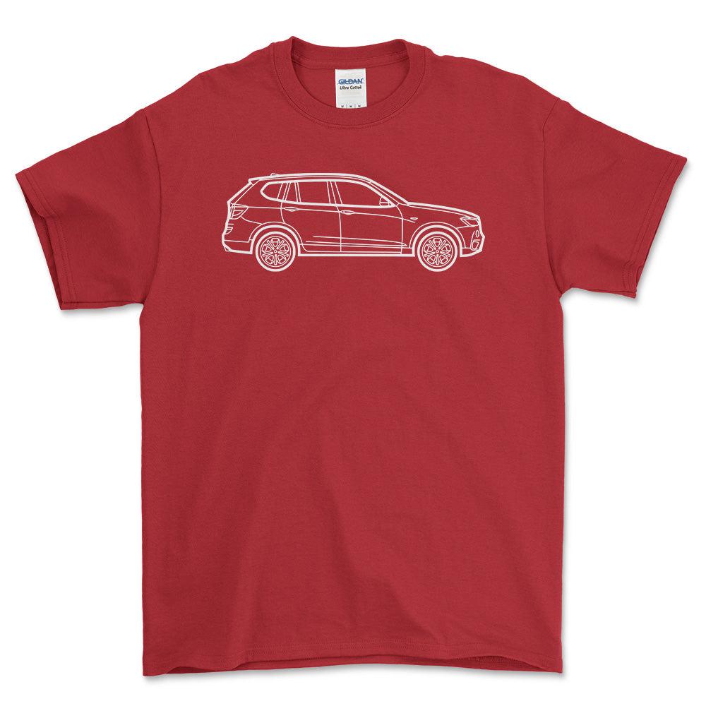 BMW X3 2010 Outline - Unisex T-Shirt , Bomuld-Beklædning-BMW-Rød-S-Forside-Garage Culture Shop- garage - man cave - merchandise