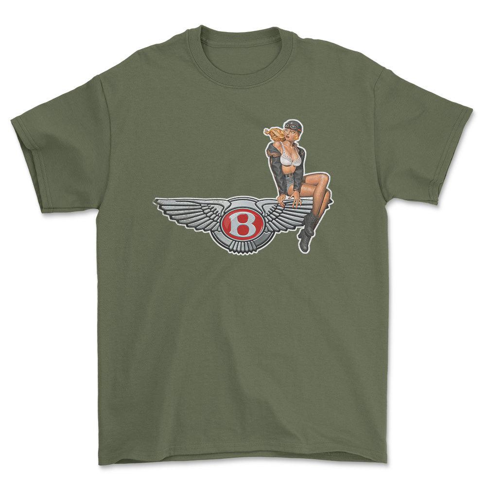 Bentley Pinup - Unisex T-Shirt , Bomuld-Beklædning-Bentley-Grøn Militær-S-Forside-Garage Culture Shop- garage - man cave - merchandise