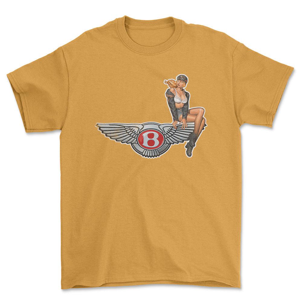 Bentley Pinup - Unisex T-Shirt , Bomuld-Beklædning-Bentley-Guld-S-Forside-Garage Culture Shop- garage - man cave - merchandise