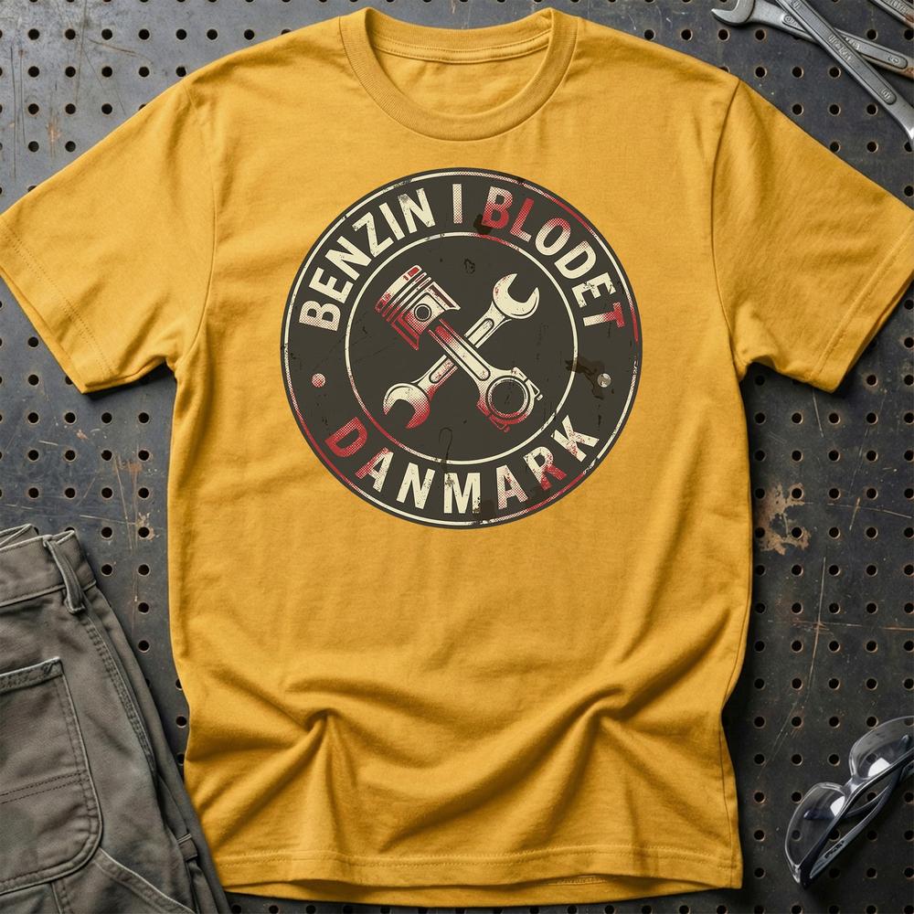 Benzin I Blodet - Unisex T-Shirt , Bomuld-Beklædning-Garage Culture-Guld-S-Garage Culture Shop- garage - man cave - merchandise