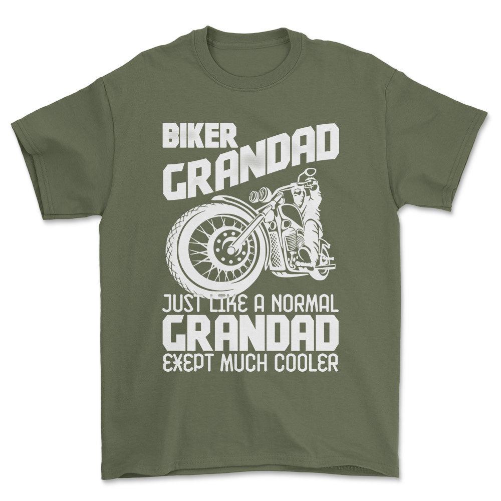 Biker Grandad Just Like A Normal Grandad Exept Much Cooler Unisex T-Shirt , Bomuld-Beklædning-Biker-Grøn Militær-S-Forside-Garage Culture Shop- garage - man cave - merchandise