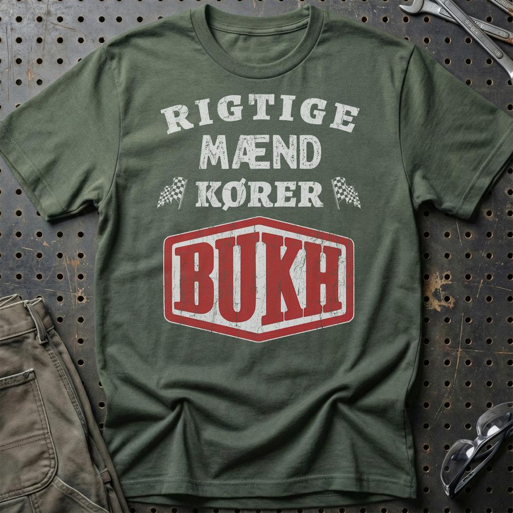 Bukh Rigtige Mænd Kører - Unisex T-Shirt , Bomuld-Beklædning-Bukh-Grøn Militær-S-Garage Culture Shop- garage - man cave - merchandise