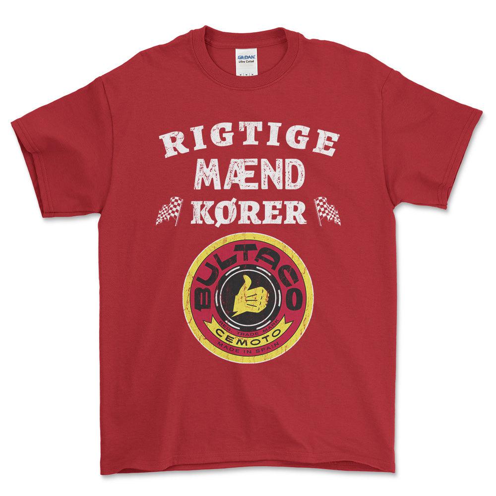 Bultaco Rigtige Mænd Kører - Unisex T-Shirt , Bomuld-Beklædning-Bultaco-Rød-S-Forside-Garage Culture Shop- garage - man cave - merchandise